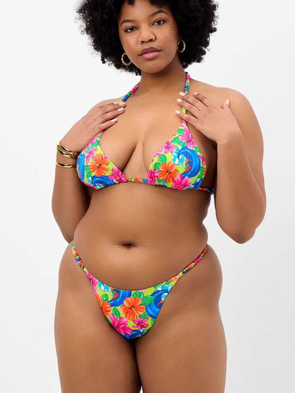 Frankie’s Bikinis Hope Floral Skimpy Bikini Bottom - Neon Surfer Micro Thong